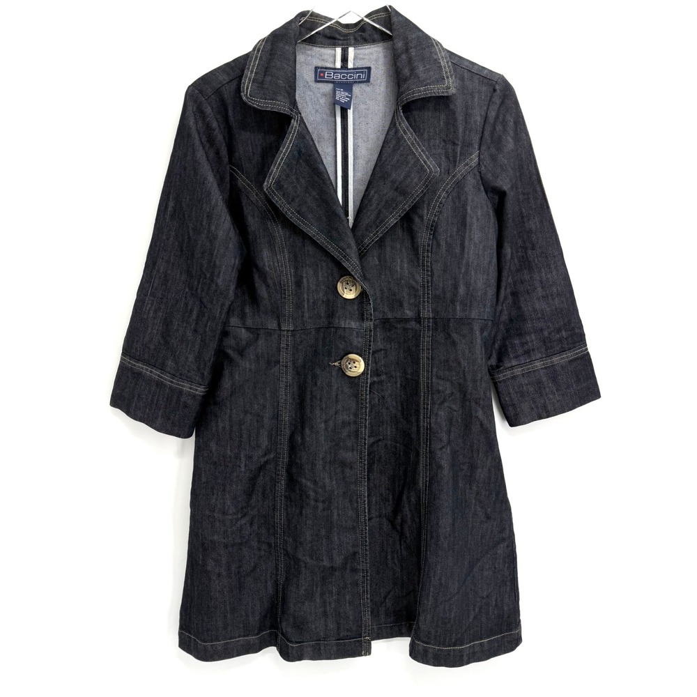 Vintage Y2K Dark Wash Denim Trench Coat Size M Jacket Blue Two Button Baccini